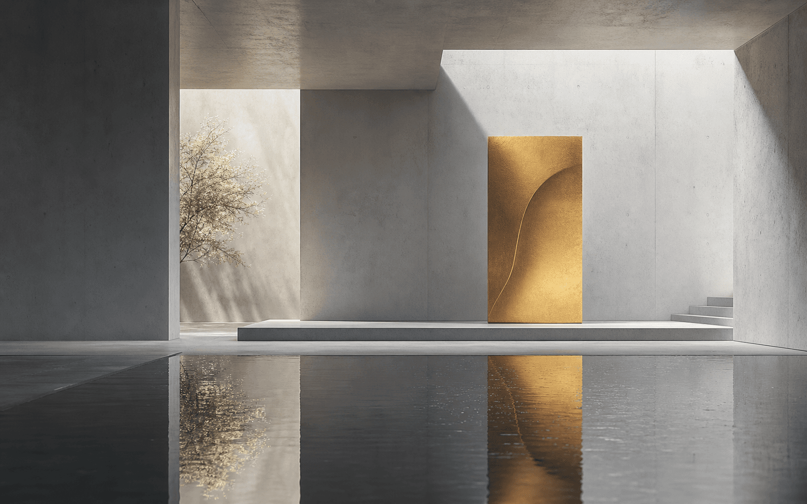 Minimal architectural AI media result with graphite concrete, reflective water, and a warm ochre object.